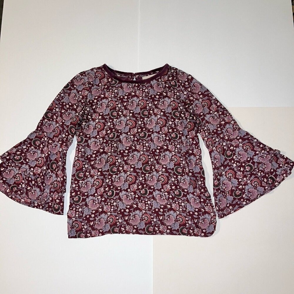 Loft Top Womens Medium Petite Burgundy Floral Bell Sleeve Blouse Boho Career